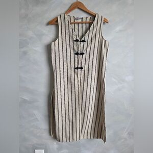 Vtg Black Taupe Striped Frog Mandarian Knot Closure Longline Vest Layer Sz 10